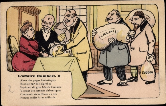 Postcard L&#39;Affaire Therese Humbert, men with money bags