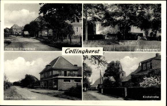 Ak Collinghorst Rhauderfehn in Ostfriesland, Kaufhaus Battermann, Kirchstraße, Steenblock, Denkmal