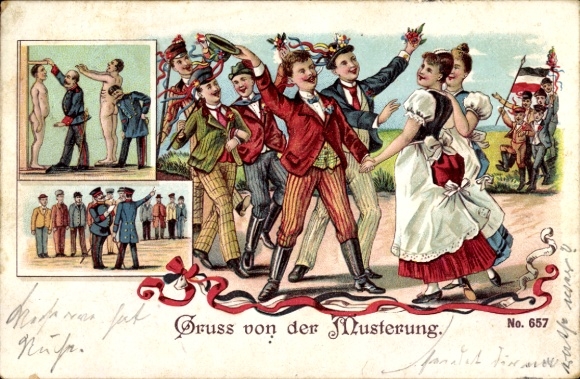 Litho Gruß von der Musterung, Rekruten mit Frauen