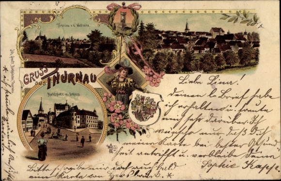 Chromo-Litho Thurnau in Franconian Switzerland Bavaria, coat of arms, market place, castle, total view