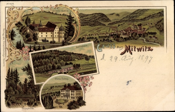 Chromo-Litho Mitwitz in Upper Franconia, lower castle, shooting house, devil&#39;s bridge, landscape view