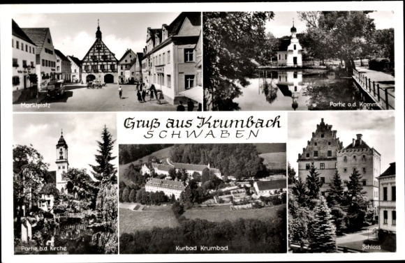 Postcard Krumbach Swabia, aerial photograph of the spa, market square, church, castle, Kammel