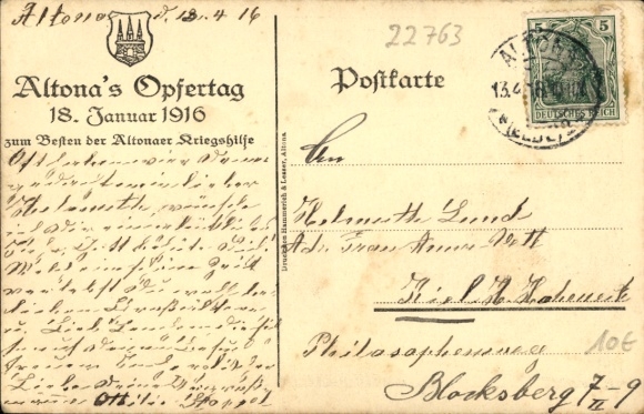 Artist Postcard Hamburg Altona Ottensen, Ottensen Church, Altona's Day of Sacrifice 18 January 1916