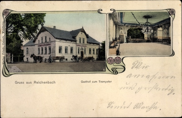 Art Nouveau ansichtkaart Reichenbach Kriebstein, Gasthof zum Trumpeter