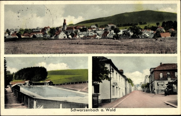 Postcard Schwarzenbach am Wald Oberfranken, overall view, swimming pool, street