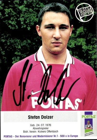 Karta z autografem piłkarza Stefana Dolzera, Kickers Offenbach, autograf