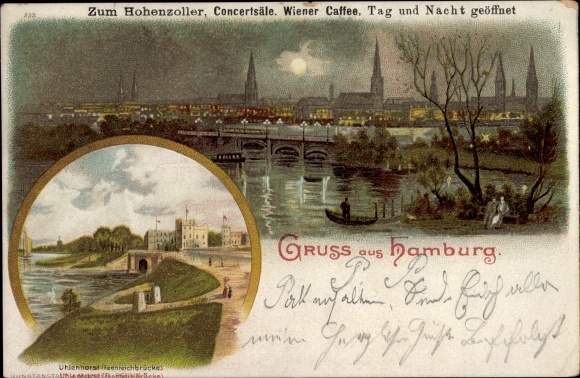 Moonlight Chromo-Litho Hamburg Mitte Altstadt, view of the town, Feenteichbrücke Uhlenhorst