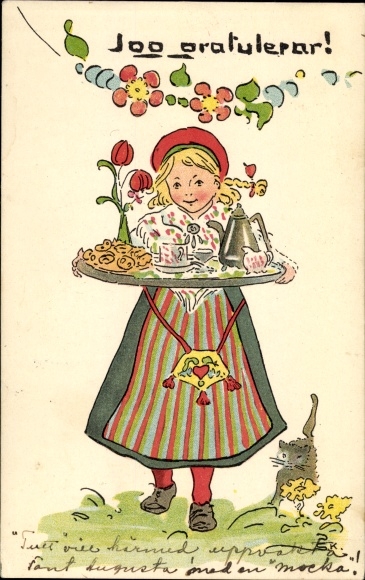 Artist Postcard Kock, S., congratulations, girl congratulates, tea, biscuits, cat