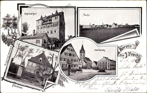 Postcard Feucht Middle Franconia, castle, market place, parsonage, total