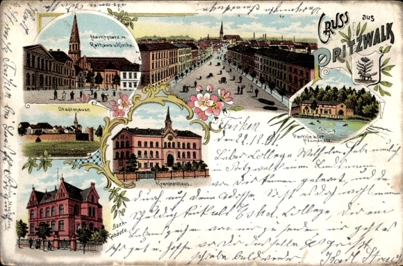Chromo-Litho Pritzwalk in the Prignitz, hospital, bank building, market square, town hall, city wall