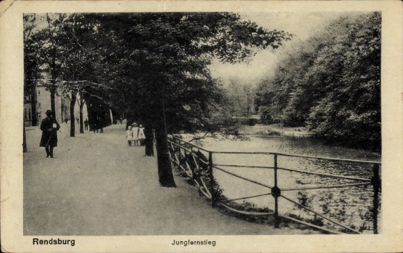 Postcard Rendsburg in Schleswig Holstein, Jungfernstieg, park view, path, river