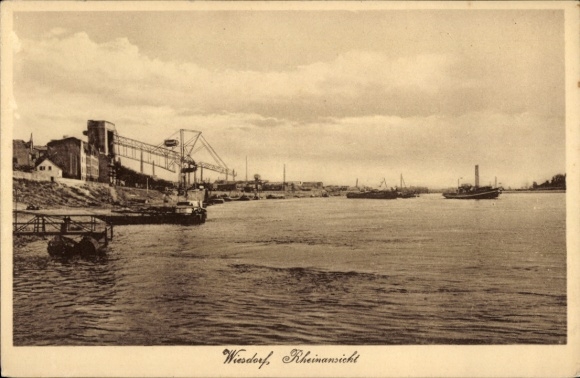 Postcard Wiesdorf Leverkusen on the Rhine, Rhine view, boats, harbor facilities, clouds over water