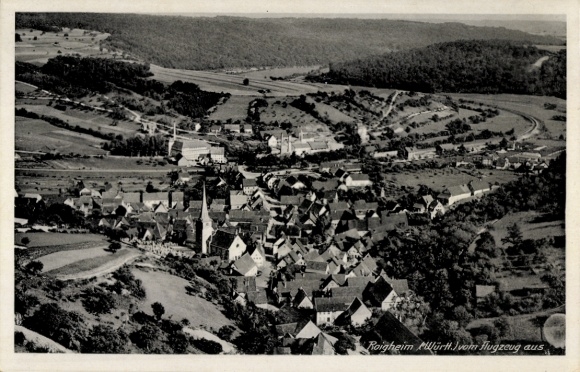 Postcard Roigheim in Baden Württemberg, aerial view of Danube valley, buildings, landscape