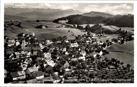 Postcard Scheidegg in Allgäu Swabia, aerial photograph