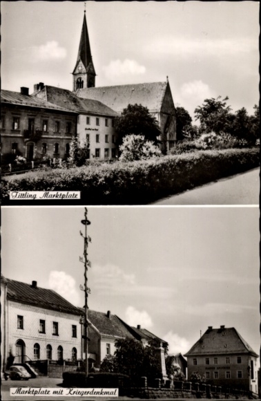 Ak Tittling im Dreiburgenland Niederbayern, Marktplatz, Kriegerdenkmal, Kirche, Gebäude, Blumen