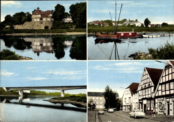 Postcard Petershagen on the Weser, partial views, bridge, ship, half-timbered houses