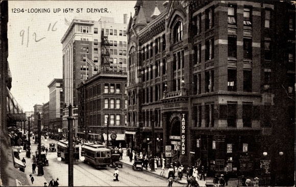 Postcard Denver Colorado, 16th Street, streetcar