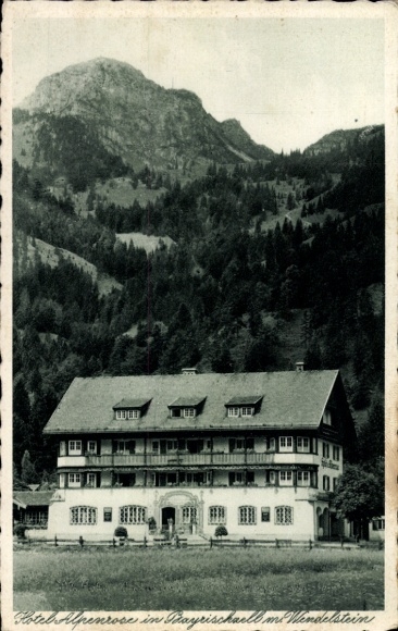 Postcard Bayrischzell in the Mangfall Mountains, Upper Bavaria, Hotel Alpenrose, exterior view, Wendelstein Mountain