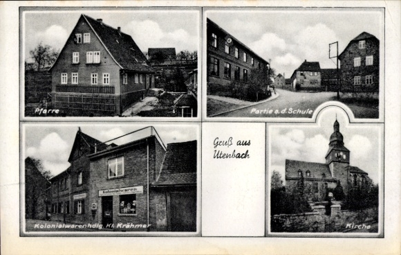 Postcard Utenbach Apolda in Weimarer Land Thuringia, parish, church, school, shop Krähmer