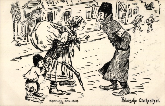 Artist Postcard Polish Civil Police, Propaganda WWI, anti-Jewish