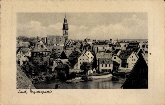 Ak Lauf an der Pegnitz in Mittelfranken Bayern, Stadtansicht von  Pegnitz, Fachwerkhäuser, Flu...