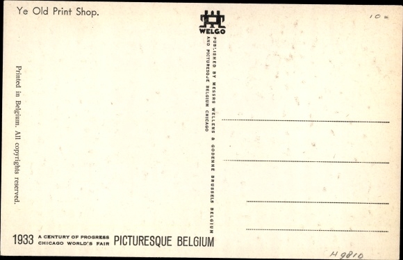 Artist Postcard Dratz, Jean, Chicago World's Fair 1933, Picturesque Belgium, Ye Old Print Shop