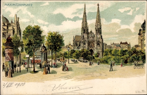 Kunstenaar litho Geiger, R., Wenen 9. Alsergrund Oostenrijk, kavel op Maximilianplatz