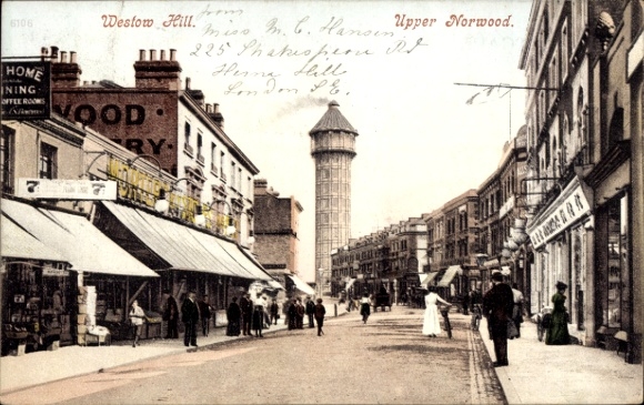 Postcard Upper Norwood London England, Westow Hill, shops, people, architecture