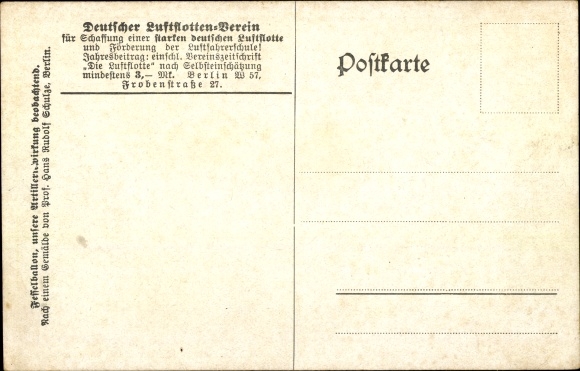 Artist PC Schulze, Hans Rudolf, captive balloon of the German Air Fleet in WWI, artillery