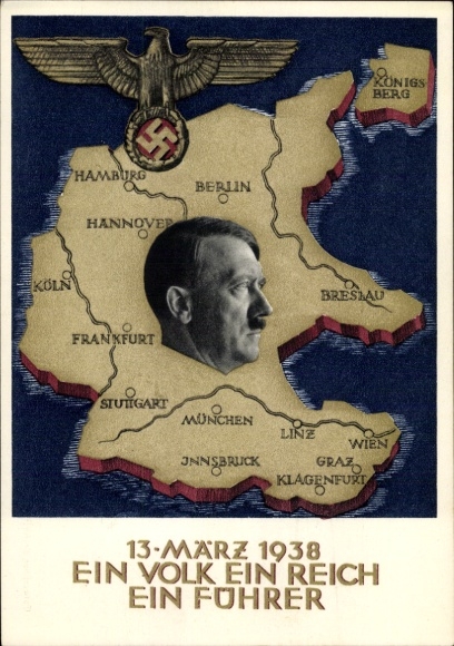 Artist Postcard Klein, R., One People, One Reich, One Leader, Anschluss of Austria 1938, Greater Germany