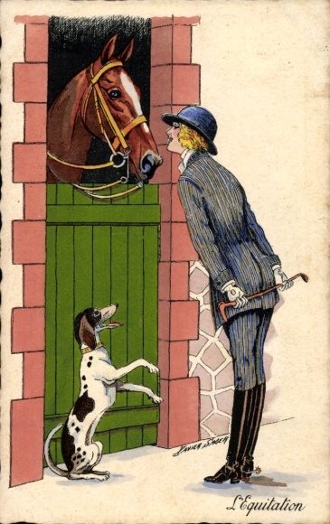 Kunstenaar Ak Sager, Xavier, Ruiter, Jonge vrouw, Paardenstal