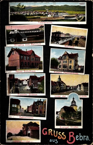 Postcard Bebra on the Fulda in Hesse, train station, post office, Kasseler Strasse, Hotel Schlueter, Bahnstrasse