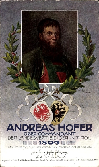 Artist Postcard Reisch, Andreas Hofer, Commander-in-Chief of the Defenders of the Tyrol 1809