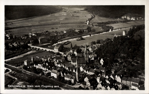 Postcard Gemünden am Main Lower Franconia, aerial photograph