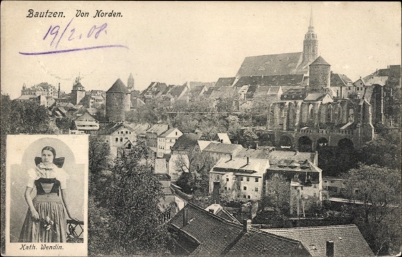 Ak Bautzen in der Oberlausitz, Stadt von Norden gesehen, Kath. Wendin