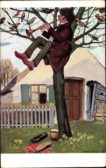 Artist PC Spiegel, F., The eccentric, man with a flute on a tree, birds