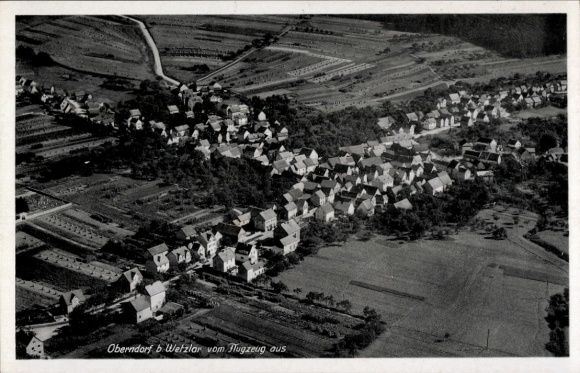 Postcard Oberndorf (near Braunfels) Solms Hesse, aerial view of Oberndorf, many houses, landscape, black