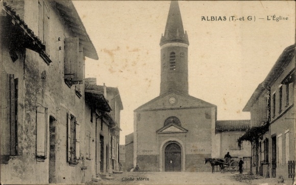 Ak Albias Tarn et Garonne, Eine schwarz-weiße Fotografie einer Kirche mit einem hohen Turm. Di...