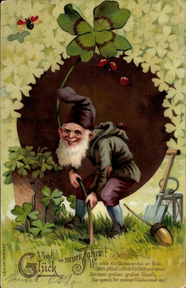 Chromo-Litho New Year's greetings, dwarf, clovers