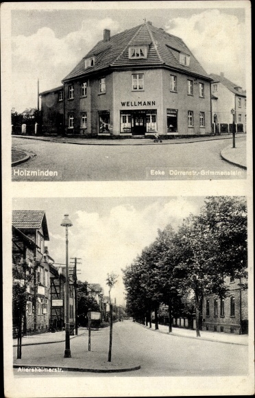 Postcard Holzminden on the Weser, Dürrenstrasse at the corner of Grimmenstein, Wellmann shop, Allersheimer Strasse