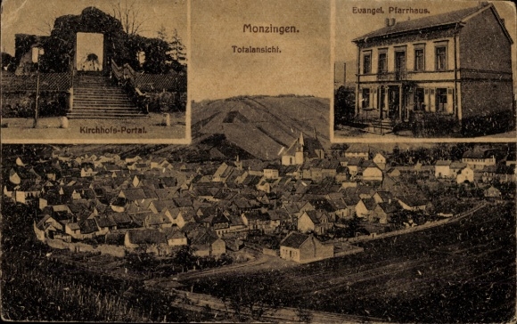 Ak Monzingen an der Nahe, Gesamtansicht, Kirchhofs-Portal, Ev. Pfarrhaus