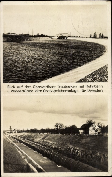 Postcard Dresden Oberwartha, reservoir with tubular railway and water towers of the large storage facility
