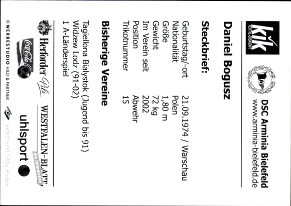 Autograph card footballer Daniel Bogusz, Arminia Bielefeld, autograph