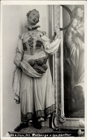 Foto Ak Rott am Inn Oberbayern, Rotburga v. Ign. Günther, Statue