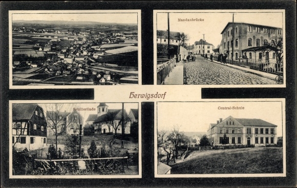 Ansichtkaart Herwigsdorf Rosenbach in Oberlausitz, Mandaubrücke, centrale school, Schillerlinde