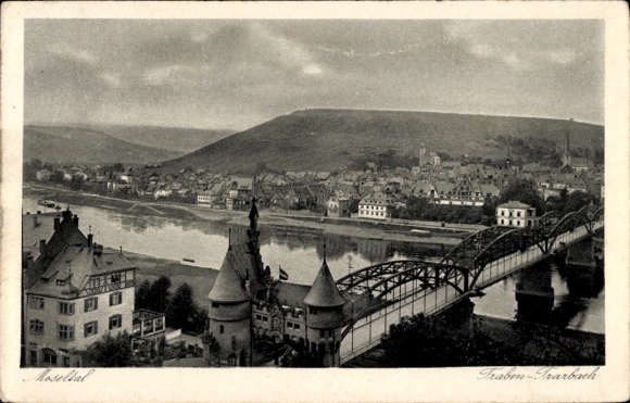 Ak Traben Trarbach an der Mosel, Gesamtansicht, Brücke, Café Metzger Haus Winzereck