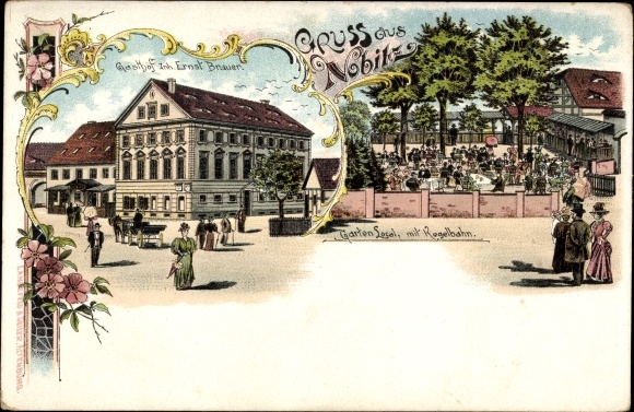Chromo-Litho Nobitz Altenburger Land, inn, bowling alley, garden