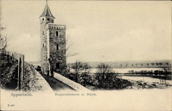 Ak Oppenheim am Oberrhein, Rupprechtsturm, Rhein,  , schwarz-weiß
