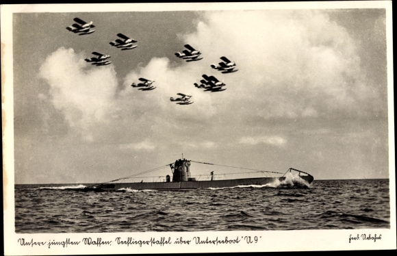 Postcard German submarine U-9 Type II-B, Kriegsmarine, Heinkel sea fighter aircraft, Luftwaffe