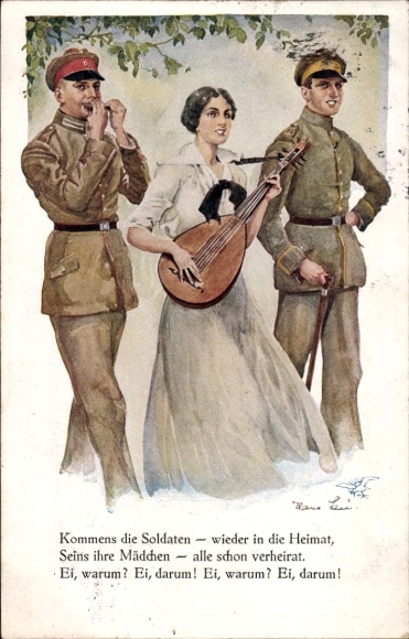 Artist PC Leu, H., girl with mandolin, German soldiers, I. WW